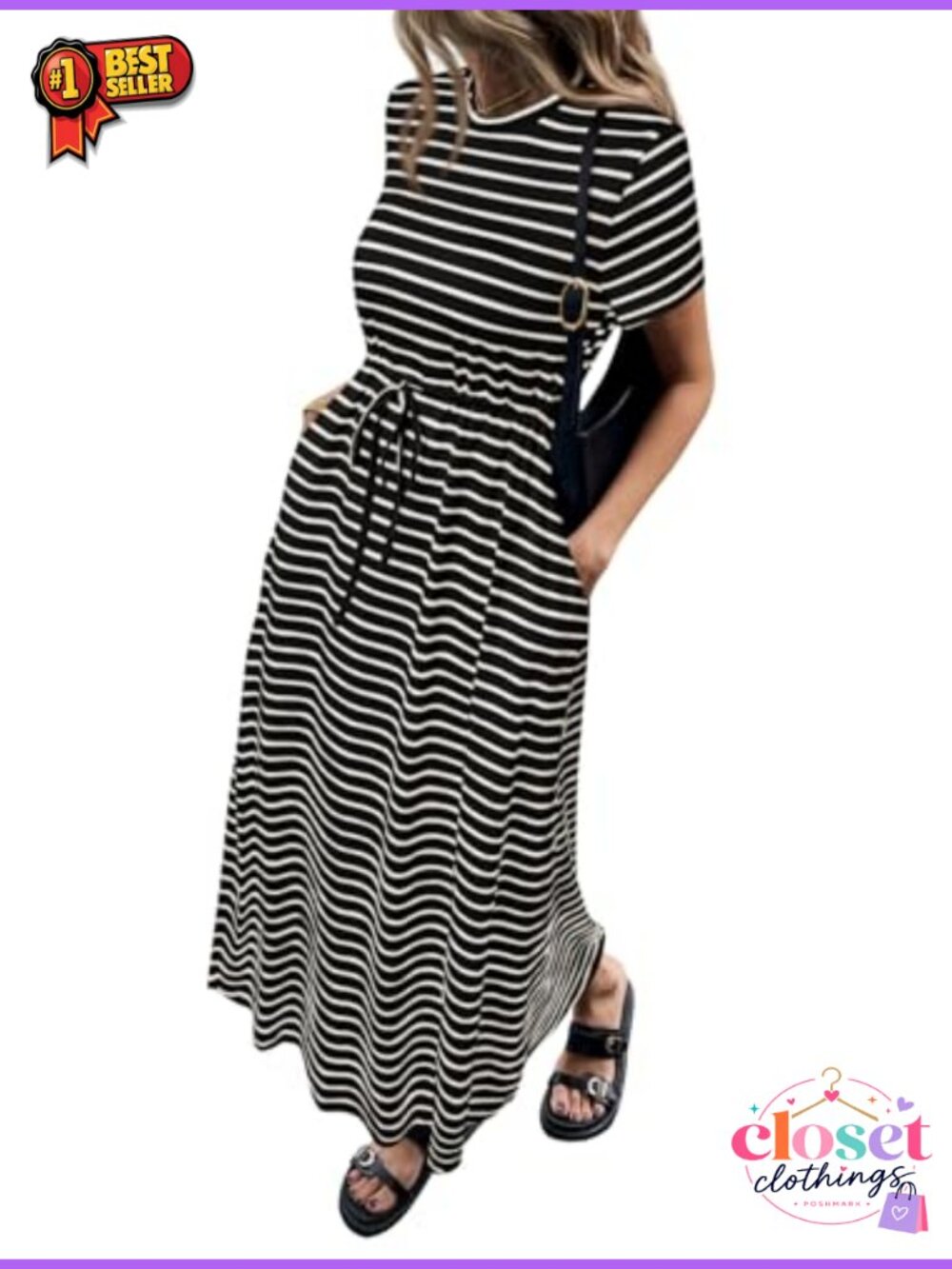 Women's Striped Maxi Dress Cotton Blend Short Sleeve T Shirt Dress with Pockets